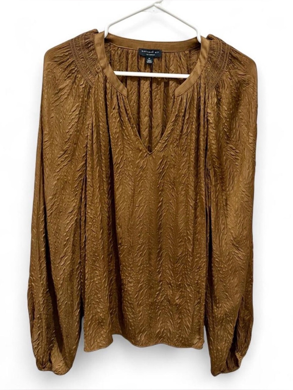 Current Air Bronze Textured Long Sleeve Satin Feel V Neck Blouse Medium Feminine